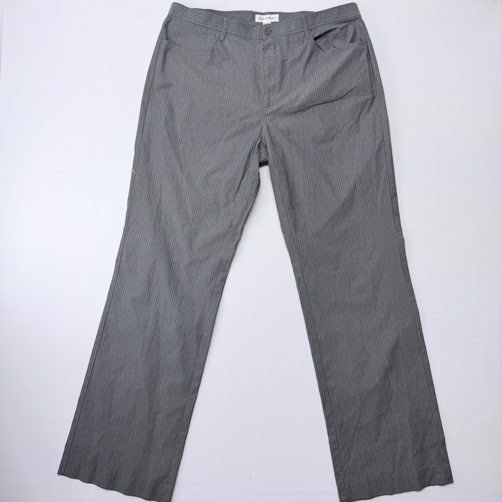 Calvin Klein Mens Pinstripe Trousers Grey Straight Leg Cotton Stretch 36x34